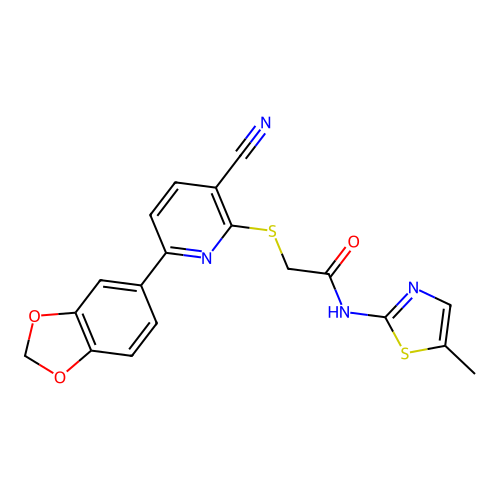 2-((6-(benzo[d][1,3]dioxol-5-yl)-3-cyanopyridin-2-yl)thio)-N-(5-methylthiazol-2-yl)acetamide structure