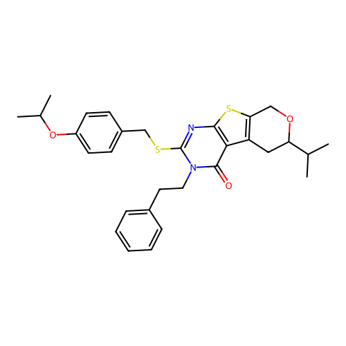 2-((4-isopropoxybenzyl)thio)-6-isopropyl-3-phenethyl-5,6-dihydro-3H-pyrano[4',3':4,5]thieno[2,3-d]pyrimidin-4(8H)-one structure