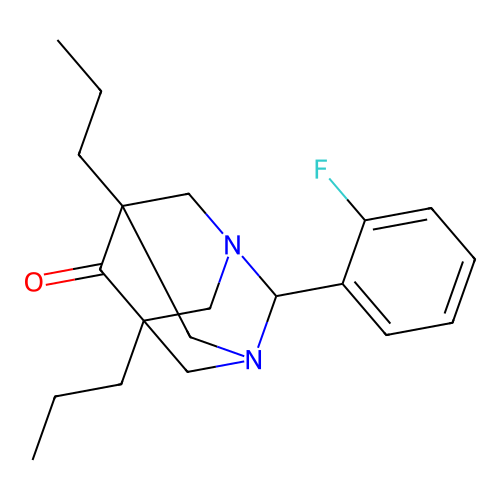 (1R,3S,5r,7r)-2-(2-fluorophenyl)-5,7-dipropyl-1,3-diazaadamantan-6-one structure