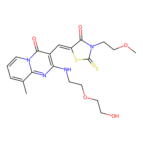 (Z)-5-((2-((2-(2-hydroxyethoxy)ethyl)amino)-9-methyl-4-oxo-4H-pyrido[1,2-a]pyrimidin-3-yl)methylene)-3-(2-methoxyethyl)-2-thioxothiazolidin-4-one structure
