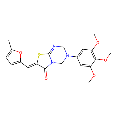 (Z)-7-((5-methylfuran-2-yl)methylene)-3-(3,4,5-trimethoxyphenyl)-3,4-dihydro-2H-thiazolo[3,2-a][1,3,5]triazin-6(7H)-one structure