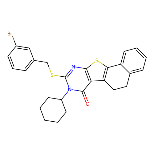 9-((3-bromobenzyl)thio)-8-cyclohexyl-5,6-dihydronaphtho[2',1':4,5]thieno[2,3-d]pyrimidin-7(8H)-one structure