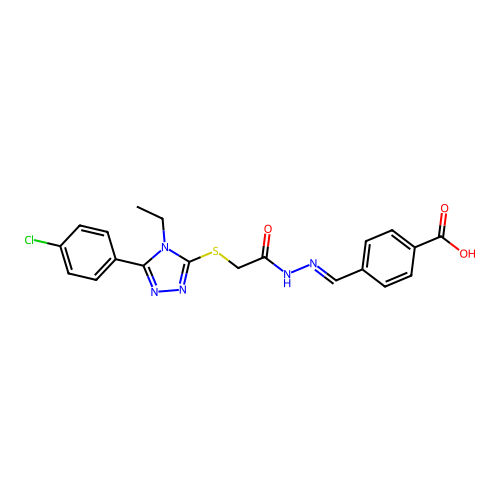 4-{(E)-[2-({[5-(4-chlorophenyl)-4-ethyl-4H-1,2,4-triazol-3-yl]sulfanyl}acetyl)hydrazinylidene]methyl}benzoic acid structure