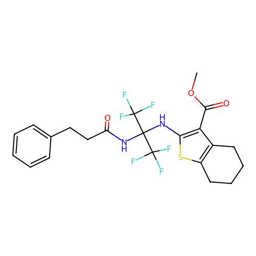 methyl 2-((1,1,1,3,3,3-hexafluoro-2-(3-phenylpropanamido)propan-2-yl)amino)-4,5,6,7-tetrahydrobenzo[b]thiophene-3-carboxylate structure