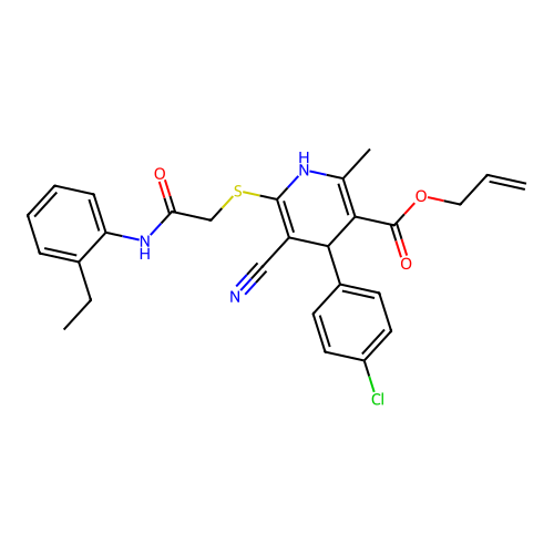 allyl 4-(4-chlorophenyl)-5-cyano-6-((2-((2-ethylphenyl)amino)-2-oxoethyl)thio)-2-methyl-1,4-dihydropyridine-3-carboxylate structure