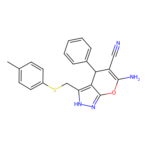 6-amino-4-phenyl-3-((p-tolylthio)methyl)-2,4-dihydropyrano[2,3-c]pyrazole-5-carbonitrile structure