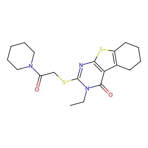 3-ethyl-2-((2-oxo-2-(piperidin-1-yl)ethyl)thio)-5,6,7,8-tetrahydrobenzo[4,5]thieno[2,3-d]pyrimidin-4(3H)-one structure
