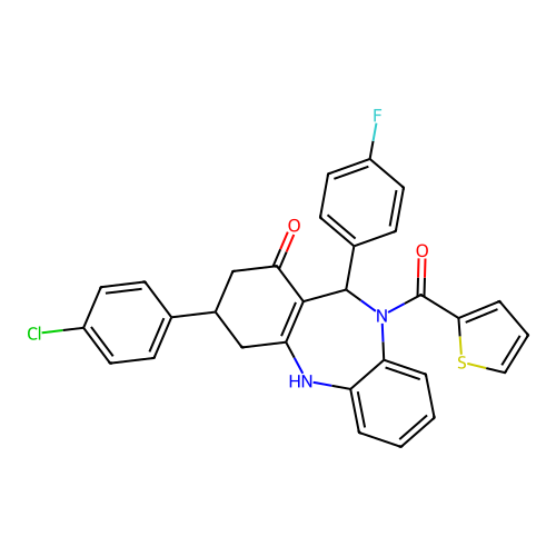 [3-(4-chlorophenyl)-11-(4-fluorophenyl)-1-hydroxy-2,3,4,11-tetrahydro-10H-dibenzo[b,e][1,4]diazepin-10-yl](thiophen-2-yl)methanone structure