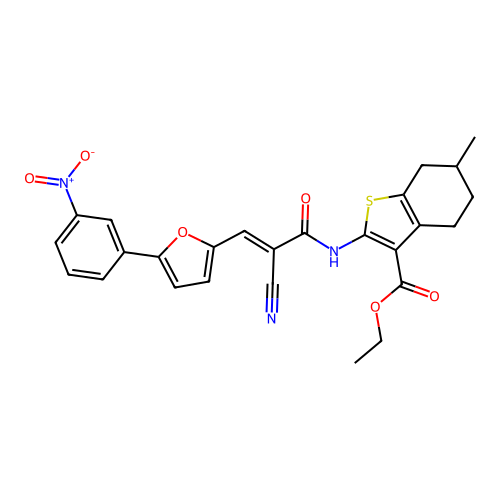 ethyl 2-({(2E)-2-cyano-3-[5-(3-nitrophenyl)furan-2-yl]prop-2-enoyl}amino)-6-methyl-4,5,6,7-tetrahydro-1-benzothiophene-3-carboxylate structure