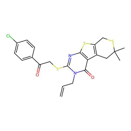 2-{[2-(4-chlorophenyl)-2-oxoethyl]sulfanyl}-6,6-dimethyl-3-(prop-2-en-1-yl)-3,5,6,8-tetrahydro-4H-thiopyrano[4',3':4,5]thieno[2,3-d]pyrimidin-4-one structure
