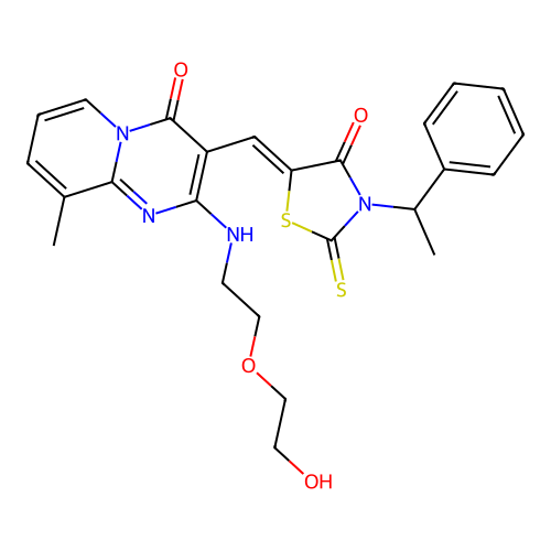 2-{[2-(2-hydroxyethoxy)ethyl]amino}-9-methyl-3-{(Z)-[4-oxo-3-(1-phenylethyl)-2-thioxo-1,3-thiazolidin-5-ylidene]methyl}-4H-pyrido[1,2-a]pyrimidin-4-one structure