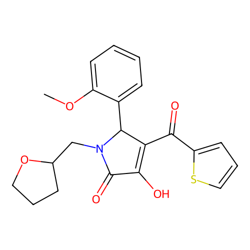 (4E)-4-[hydroxy(thiophen-2-yl)methylidene]-5-(2-methoxyphenyl)-1-(tetrahydrofuran-2-ylmethyl)pyrrolidine-2,3-dione structure