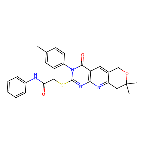 2-((8,8-dimethyl-4-oxo-3-(p-tolyl)-4,6,8,9-tetrahydro-3H-pyrano[3',4':5,6]pyrido[2,3-d]pyrimidin-2-yl)thio)-N-phenylacetamide structure