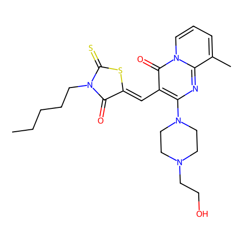 2-[4-(2-hydroxyethyl)piperazin-1-yl]-9-methyl-3-[(Z)-(4-oxo-3-pentyl-2-thioxo-1,3-thiazolidin-5-ylidene)methyl]-4H-pyrido[1,2-a]pyrimidin-4-one structure