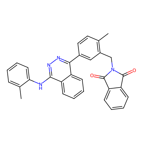2-(2-methyl-5-(4-(o-tolylamino)phthalazin-1-yl)benzyl)isoindoline-1,3-dione structure