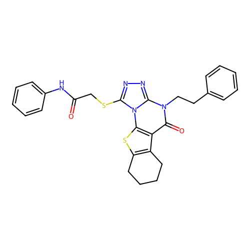 2-((5-oxo-4-phenethyl-4,5,6,7,8,9-hexahydrobenzo[4,5]thieno[3,2-e][1,2,4]triazolo[4,3-a]pyrimidin-1-yl)thio)-N-phenylacetamide structure