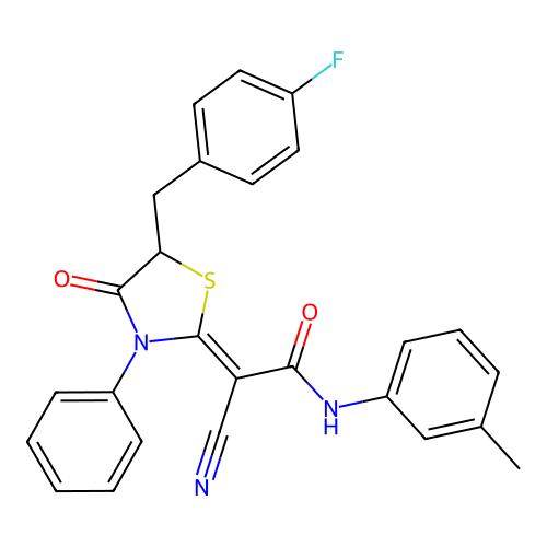 (Z)-2-cyano-2-(5-(4-fluorobenzyl)-4-oxo-3-phenylthiazolidin-2-ylidene)-N-(m-tolyl)acetamide structure