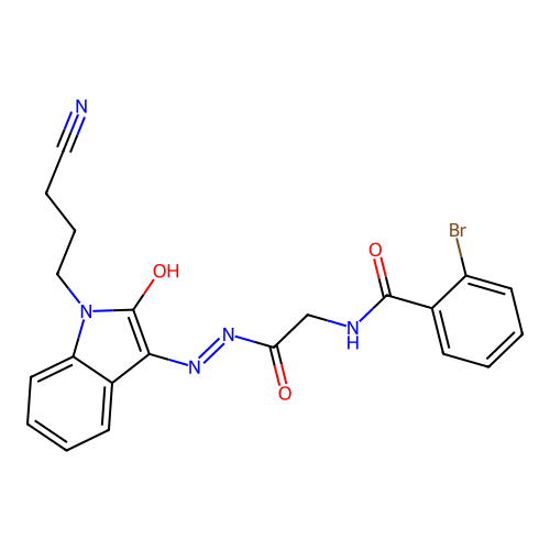 2-bromo-N-[[[1-(3-cyanopropyl)-2-oxo-indol-3-ylidene]amino]carbamoylmethyl]benzamide structure