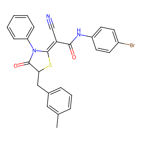 (2Z)-N-(4-bromophenyl)-2-cyano-2-[5-(3-methylbenzyl)-4-oxo-3-phenyl-1,3-thiazolidin-2-ylidene]ethanamide structure