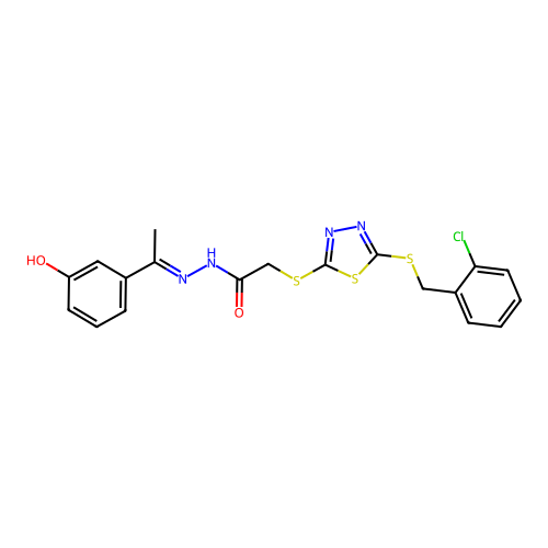 (E)-2-((5-((2-chlorobenzyl)thio)-1,3,4-thiadiazol-2-yl)thio)-N'-(1-(3-hydroxyphenyl)ethylidene)acetohydrazide structure