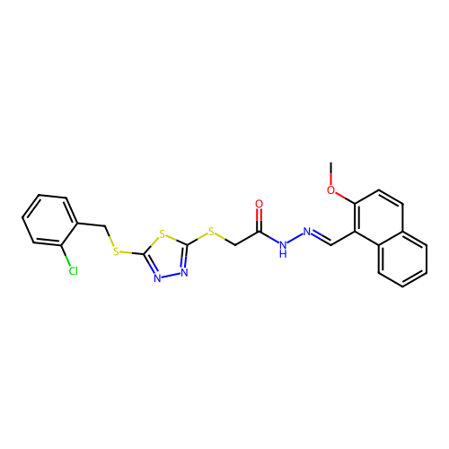 (E)-2-((5-((2-chlorobenzyl)thio)-1,3,4-thiadiazol-2-yl)thio)-N'-((2-methoxynaphthalen-1-yl)methylene)acetohydrazide structure