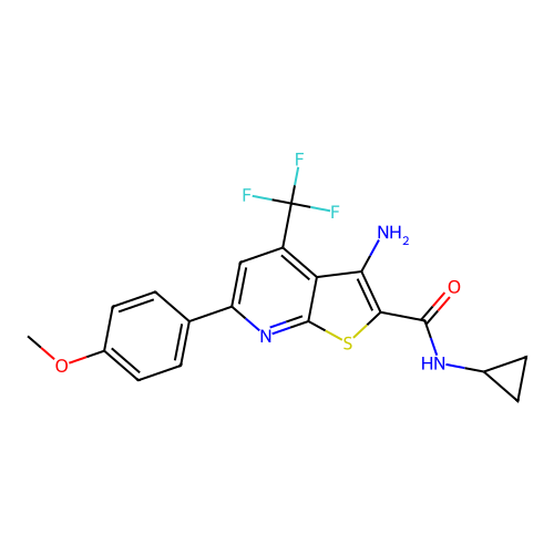 3-amino-N-cyclopropyl-6-(4-methoxyphenyl)-4-(trifluoromethyl)thieno[2,3-b]pyridine-2-carboxamide structure