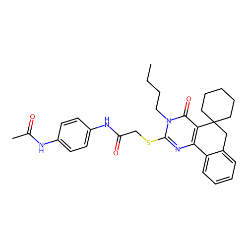N-(4-acetamidophenyl)-2-((3-butyl-4-oxo-4,6-dihydro-3H-spiro[benzo[h]quinazoline-5,1'-cyclohexan]-2-yl)thio)acetamide structure