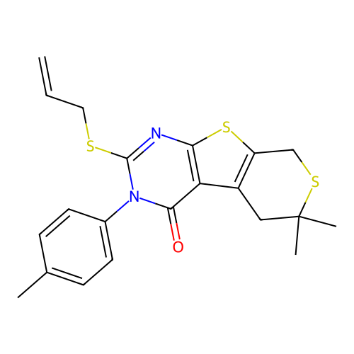 2-(allylthio)-6,6-dimethyl-3-(p-tolyl)-5,6-dihydro-3H-thiopyrano[4',3':4,5]thieno[2,3-d]pyrimidin-4(8H)-one structure