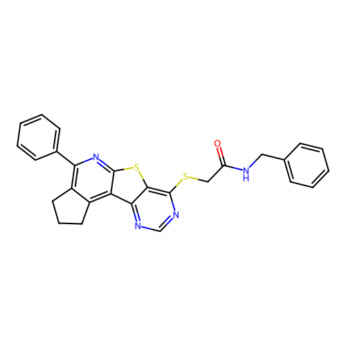 N-benzyl-2-((4-phenyl-2,3-dihydro-1H-cyclopenta[4',5']pyrido[3',2':4,5]thieno[3,2-d]pyrimidin-7-yl)thio)acetamide structure