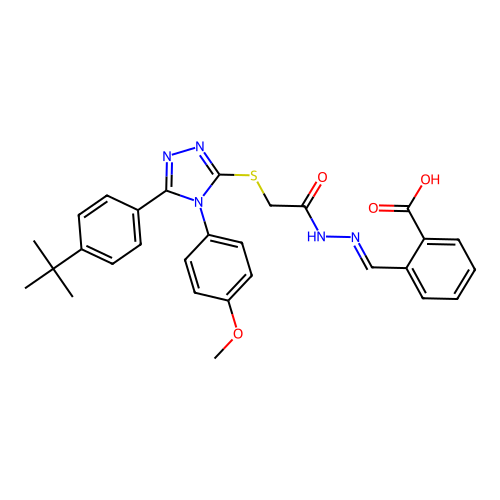 2-{(E)-[2-({[5-(4-tert-butylphenyl)-4-(4-methoxyphenyl)-4H-1,2,4-triazol-3-yl]sulfanyl}acetyl)hydrazinylidene]methyl}benzoic acid structure