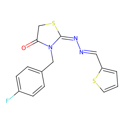(E)-3-(4-fluorobenzyl)-2-((E)-(thiophen-2-ylmethylene)hydrazono)thiazolidin-4-one structure