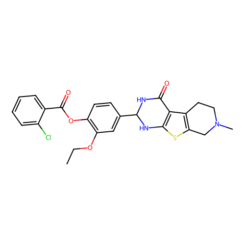 2-ethoxy-4-(4-hydroxy-7-methyl-1,2,5,6,7,8-hexahydropyrido[4',3':4,5]thieno[2,3-d]pyrimidin-2-yl)phenyl 2-chlorobenzoate structure