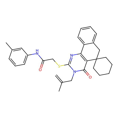 2-((3-(2-methylallyl)-4-oxo-4,6-dihydro-3H-spiro[benzo[h]quinazoline-5,1'-cyclohexan]-2-yl)thio)-N-(m-tolyl)acetamide structure