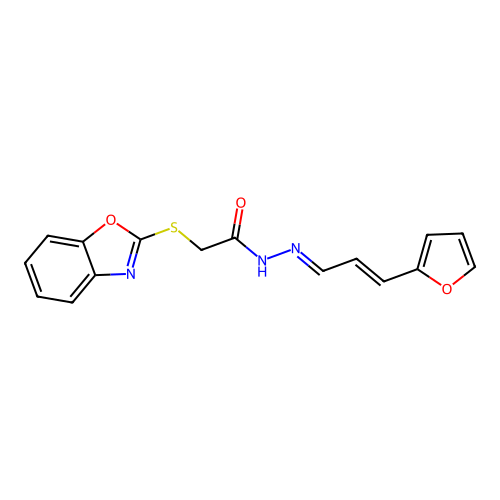 (E)-2-(benzo[d]oxazol-2-ylthio)-N'-((E)-3-(furan-2-yl)allylidene)acetohydrazide structure
