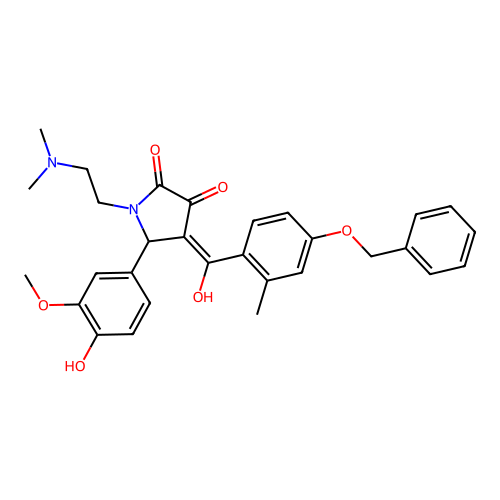 (4E)-1-(2-dimethylaminoethyl)-5-(4-hydroxy-3-methoxyphenyl)-4-[hydroxy-(2-methyl-4-phenylmethoxyphenyl)methylidene]pyrrolidine-2,3-dione structure