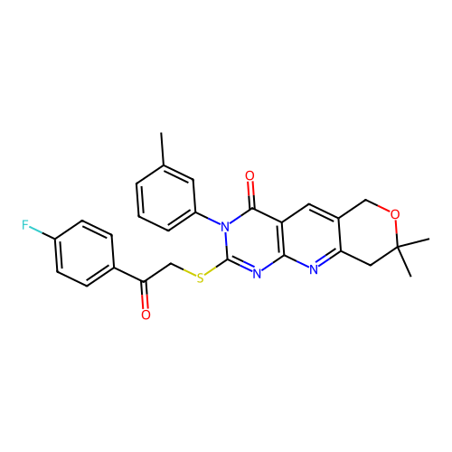 2-((2-(4-fluorophenyl)-2-oxoethyl)thio)-8,8-dimethyl-3-(m-tolyl)-8,9-dihydro-3H-pyrano[3',4':5,6]pyrido[2,3-d]pyrimidin-4(6H)-one structure