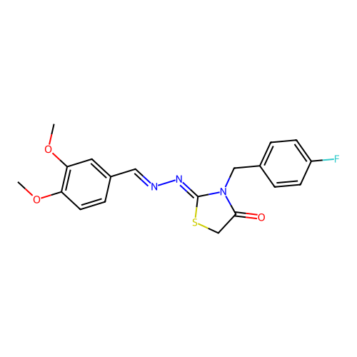(Z)-2-((E)-(3,4-dimethoxybenzylidene)hydrazono)-3-(4-fluorobenzyl)thiazolidin-4-one structure