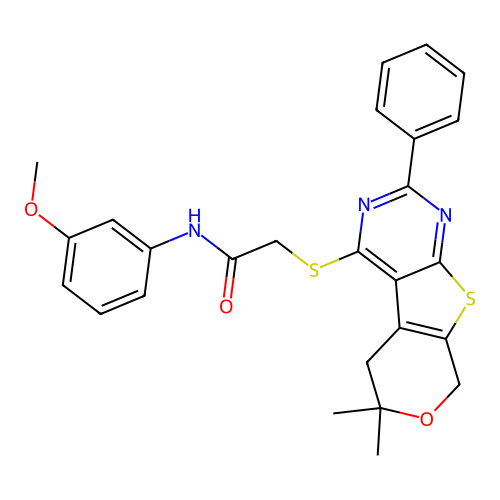 2-((6,6-dimethyl-2-phenyl-6,8-dihydro-5H-pyrano[4',3':4,5]thieno[2,3-d]pyrimidin-4-yl)thio)-N-(3-methoxyphenyl)acetamide structure
