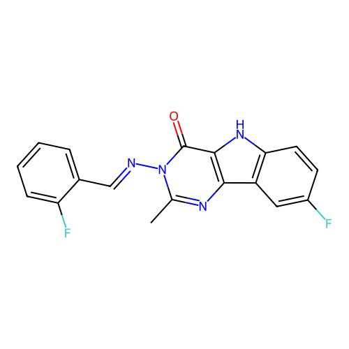 (E)-8-fluoro-3-((2-fluorobenzylidene)amino)-2-methyl-3H-pyrimido[5,4-b]indol-4(5H)-one structure