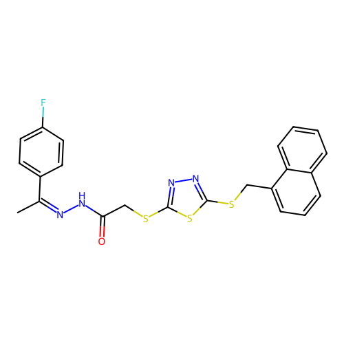 (Z)-N'-(1-(4-fluorophenyl)ethylidene)-2-((5-((naphthalen-1-ylmethyl)thio)-1,3,4-thiadiazol-2-yl)thio)acetohydrazide structure