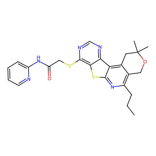 2-((2,2-dimethyl-5-propyl-2,4-dihydro-1H-pyrano[4'',3'':4',5']pyrido[3',2':4,5]thieno[3,2-d]pyrimidin-8-yl)thio)-N-(pyridin-2-yl)acetamide structure