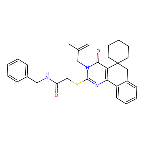 N-benzyl-2-((3-(2-methylallyl)-4-oxo-4,6-dihydro-3H-spiro[benzo[h]quinazoline-5,1'-cyclohexan]-2-yl)thio)acetamide structure