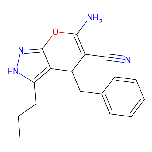 6-Amino-4-benzyl-3-propyl-1,4-dihydropyrano[2,3-c]pyrazole-5-carbonitrile structure