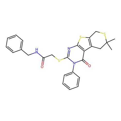 N-benzyl-2-((6,6-dimethyl-4-oxo-3-phenyl-4,5,6,8-tetrahydro-3H-thiopyrano[4',3':4,5]thieno[2,3-d]pyrimidin-2-yl)thio)acetamide structure