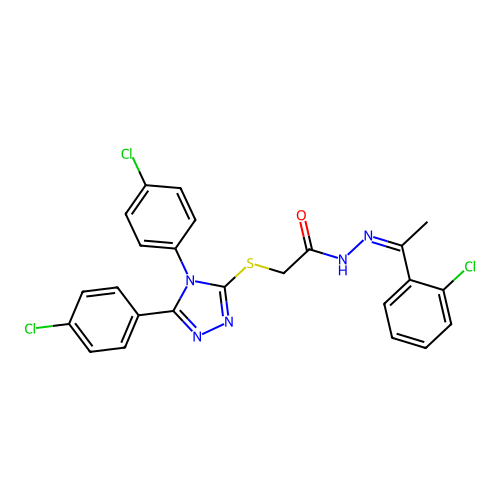 (Z)-2-((4,5-bis(4-chlorophenyl)-4H-1,2,4-triazol-3-yl)thio)-N'-(1-(2-chlorophenyl)ethylidene)acetohydrazide structure