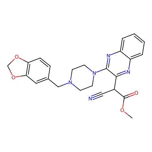 methyl {3-[4-(1,3-benzodioxol-5-ylmethyl)piperazin-1-yl]quinoxalin-2-yl}(cyano)acetate structure