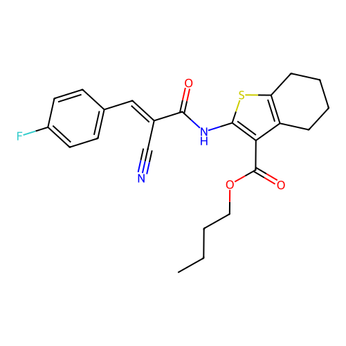 (E)-butyl 2-(2-cyano-3-(4-fluorophenyl)acrylamido)-4,5,6,7-tetrahydrobenzo[b]thiophene-3-carboxylate structure