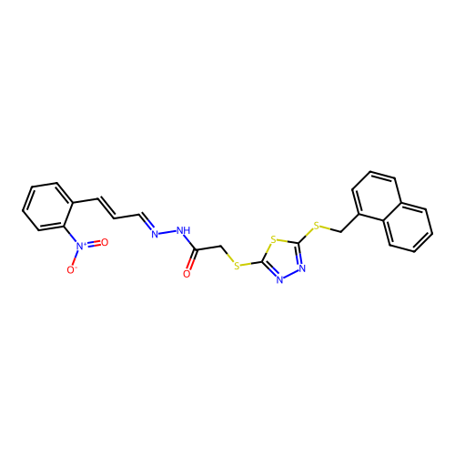 (E)-2-((5-((naphthalen-1-ylmethyl)thio)-1,3,4-thiadiazol-2-yl)thio)-N'-((E)-3-(2-nitrophenyl)allylidene)acetohydrazide structure