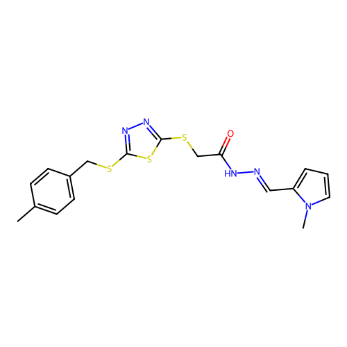 (E)-N'-((1-methyl-1H-pyrrol-2-yl)methylene)-2-((5-((4-methylbenzyl)thio)-1,3,4-thiadiazol-2-yl)thio)acetohydrazide structure
