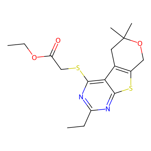 ethyl [(2-ethyl-6,6-dimethyl-5,8-dihydro-6H-pyrano[4',3':4,5]thieno[2,3-d]pyrimidin-4-yl)sulfanyl]acetate structure